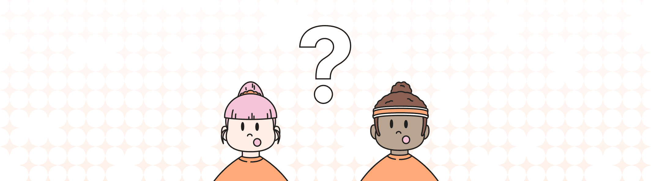 A line illustration of two people with their mouth open, and a giant question mark between them.