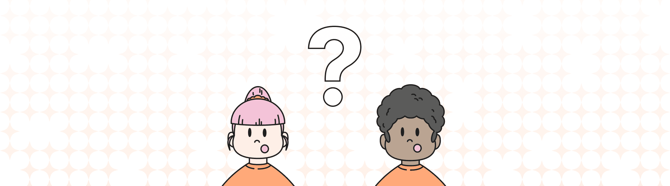 A line illustration of two people with their mouth open, and a giant question mark between them.