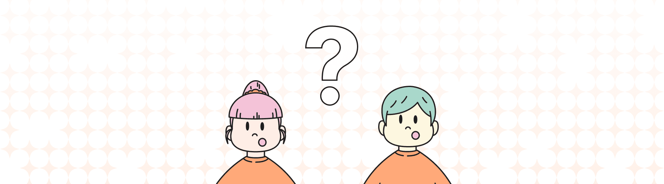 A line illustration of two people with their mouth open, and a giant question mark between them.