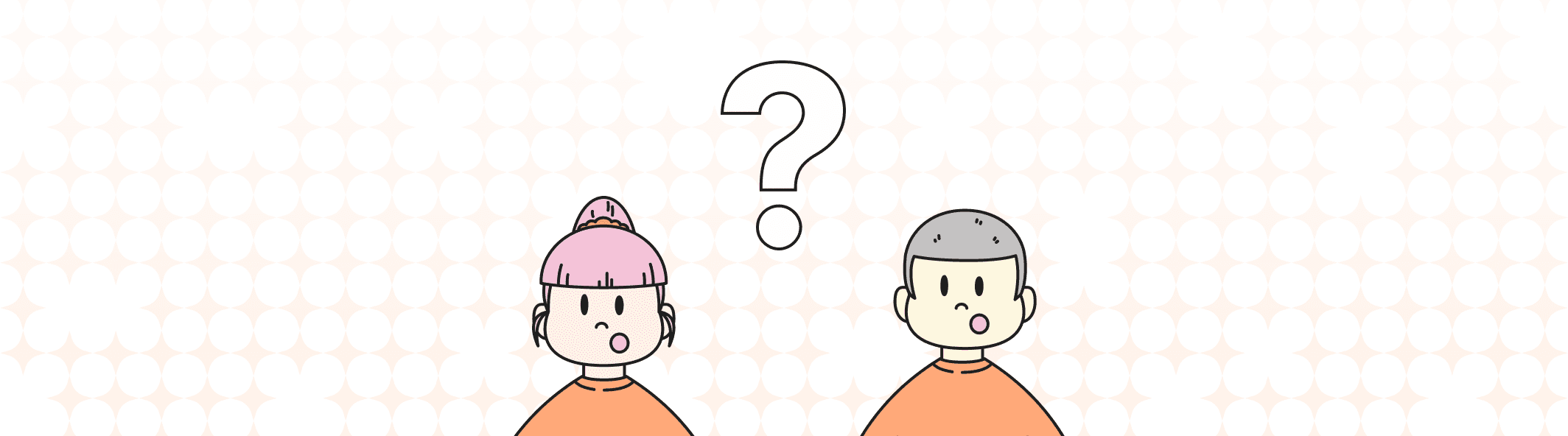 A line illustration of two people with their mouth open, and a giant question mark between them.