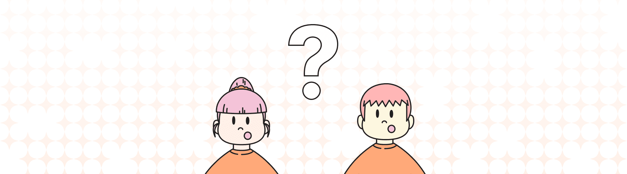 A line illustration of two people with their mouth open, and a giant question mark between them.