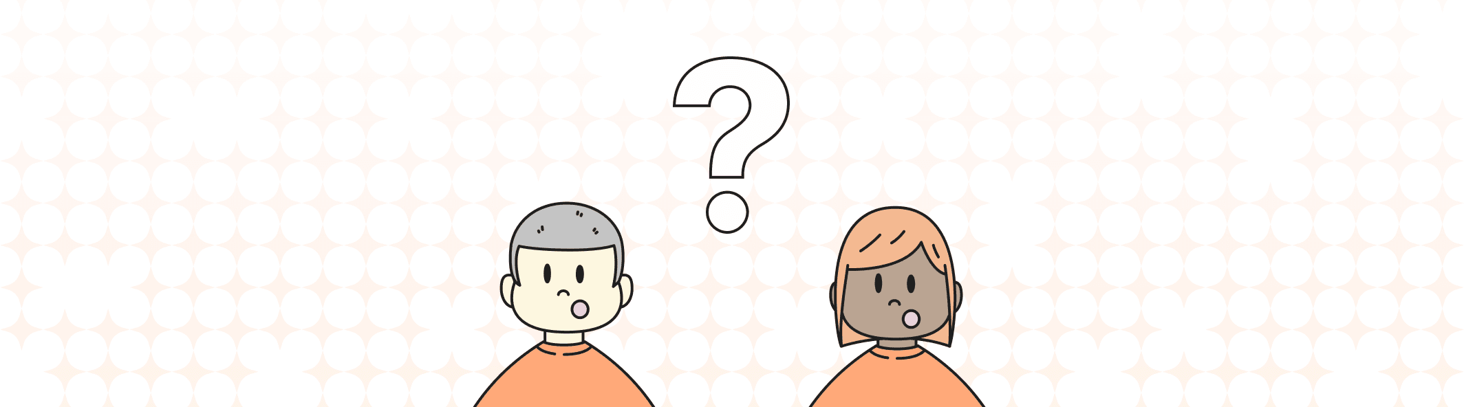 A line illustration of two people with their mouth open, and a giant question mark between them.