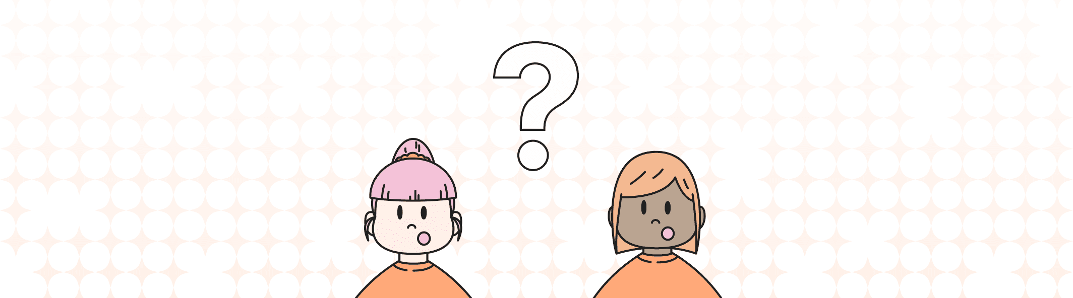 A line illustration of two people with their mouth open, and a giant question mark between them.