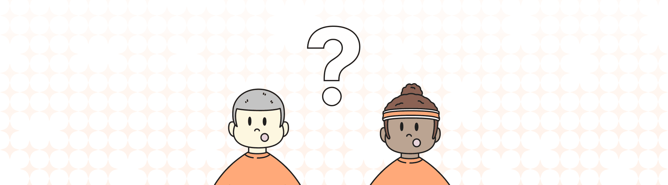 A line illustration of two people with their mouth open, and a giant question mark between them.