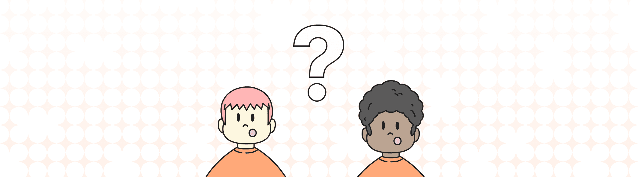 A line illustration of two people with their mouth open, and a giant question mark between them.