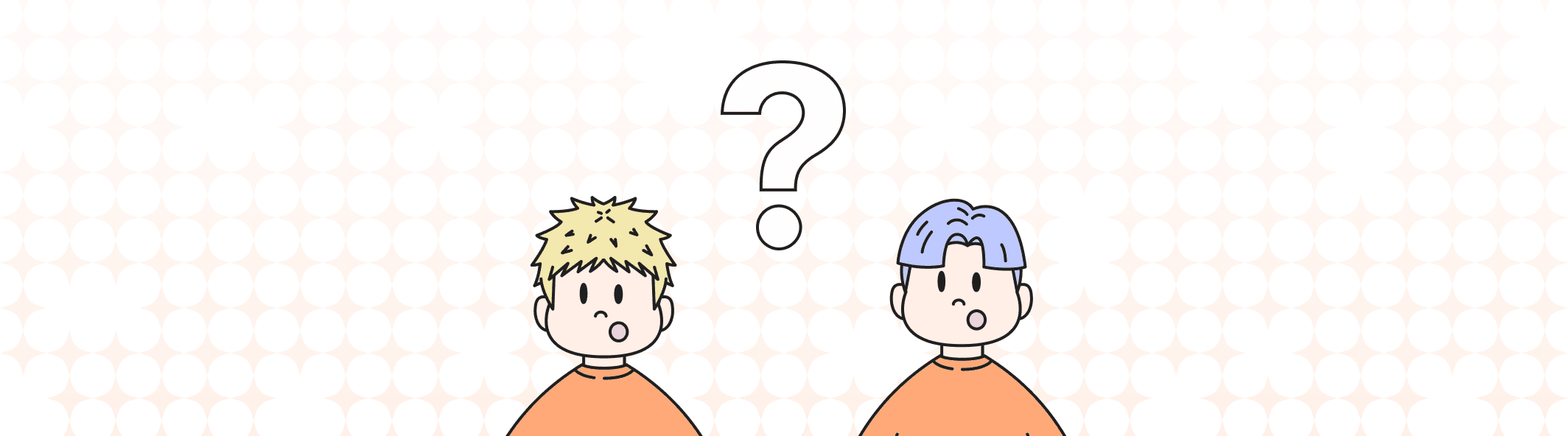 A line illustration of two people with their mouth open, and a giant question mark between them.