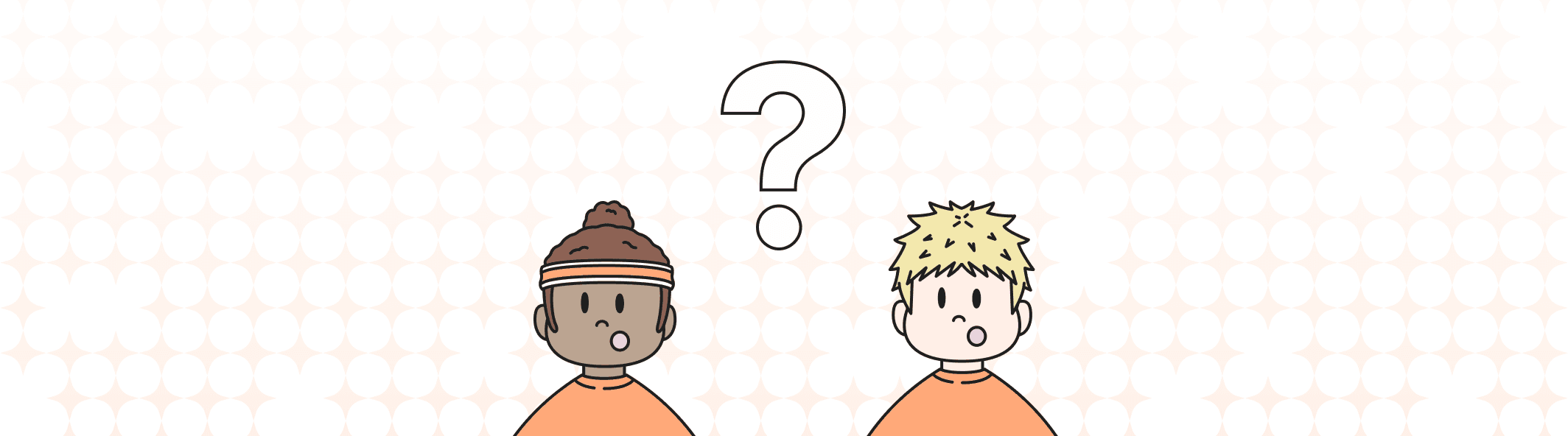 A line illustration of two people with their mouth open, and a giant question mark between them.