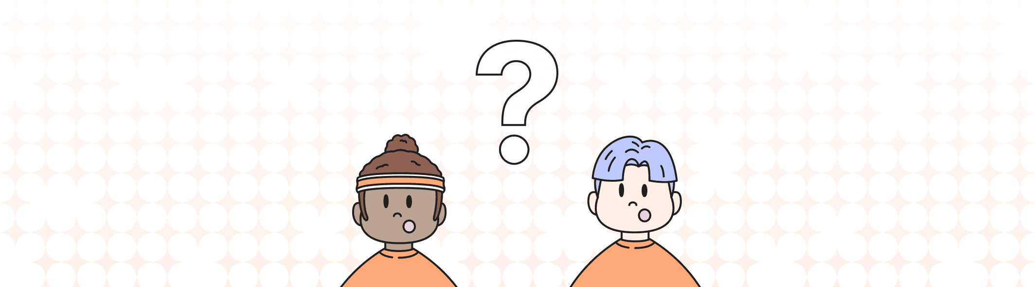 A line illustration of two people with their mouth open, and a giant question mark between them.