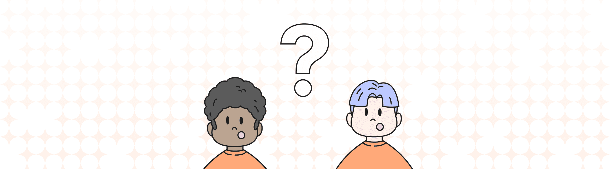 A line illustration of two people with their mouth open, and a giant question mark between them.