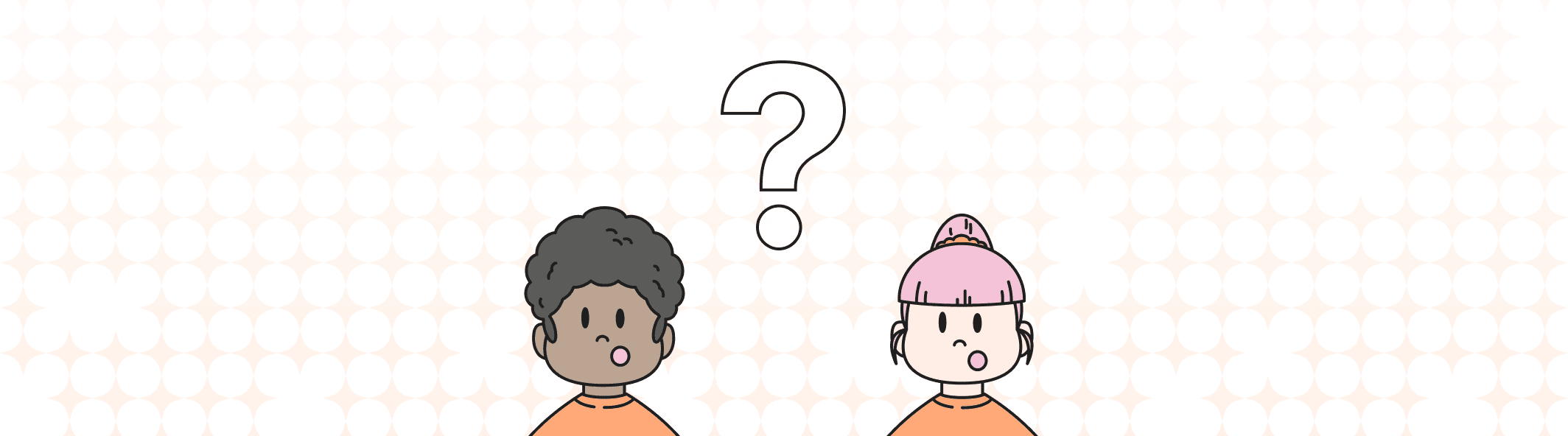 A line illustration of two people with their mouth open, and a giant question mark between them.