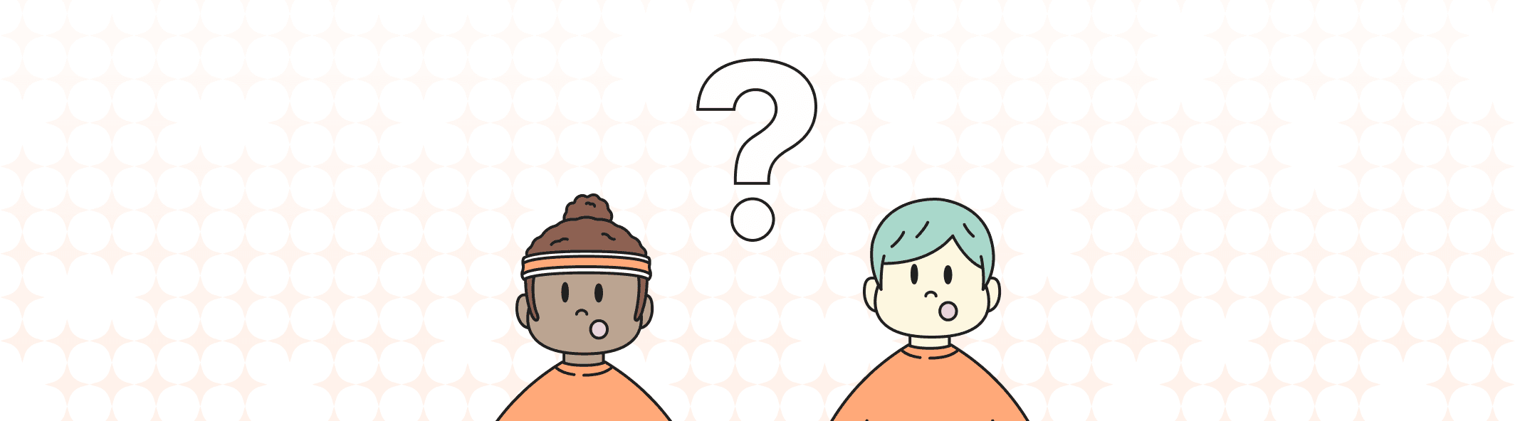 A line illustration of two people with their mouth open, and a giant question mark between them.