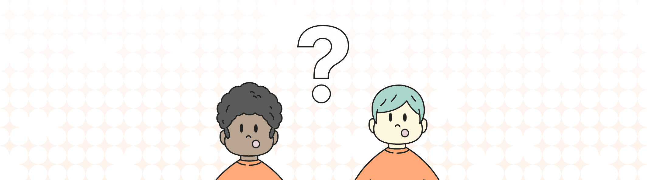 A line illustration of two people with their mouth open, and a giant question mark between them.