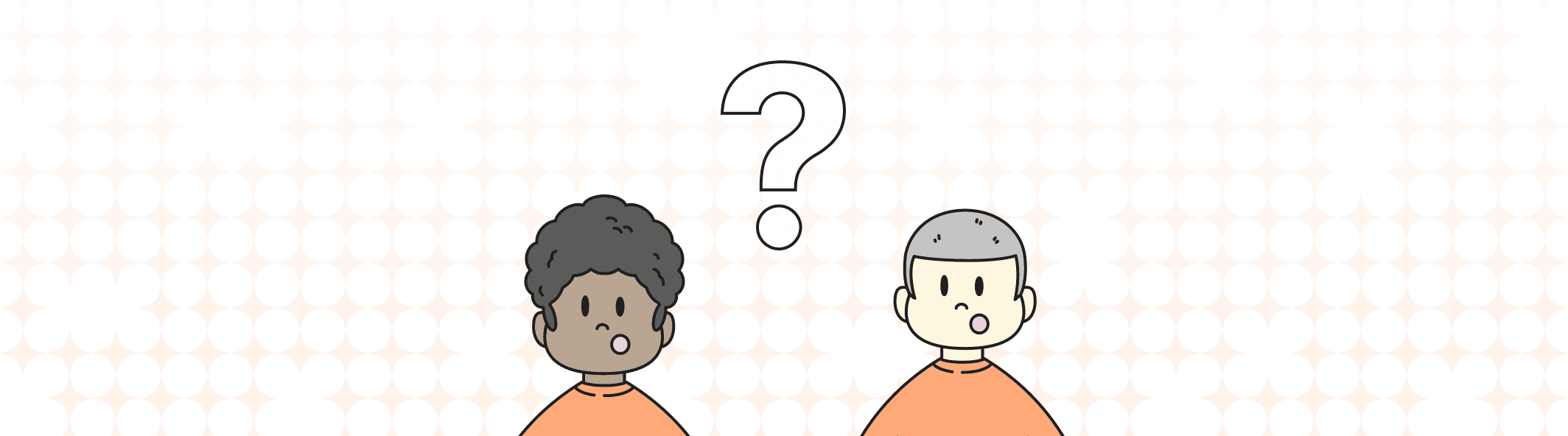 A line illustration of two people with their mouth open, and a giant question mark between them.