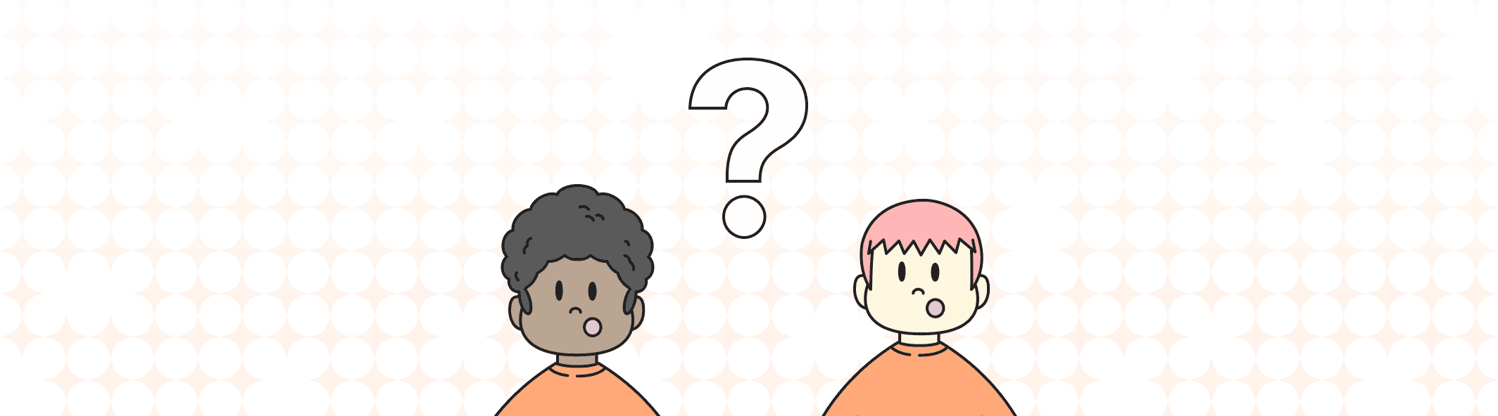 A line illustration of two people with their mouth open, and a giant question mark between them.