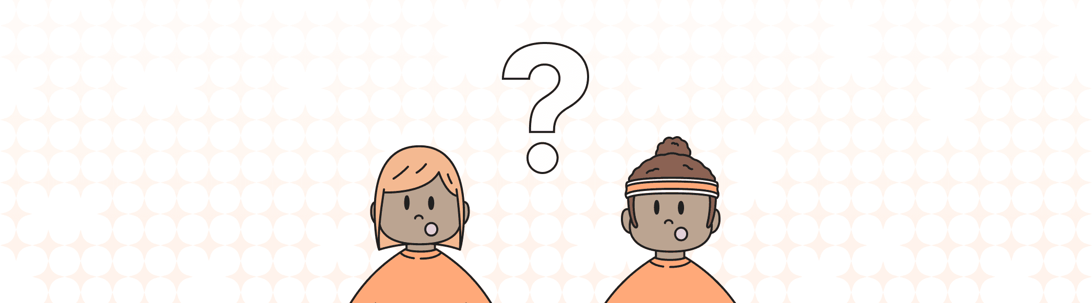 A line illustration of two people with their mouth open, and a giant question mark between them.