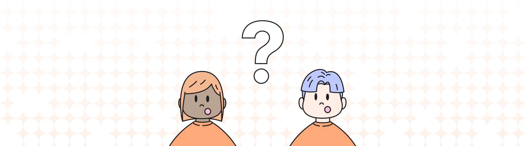 A line illustration of two people with their mouth open, and a giant question mark between them.