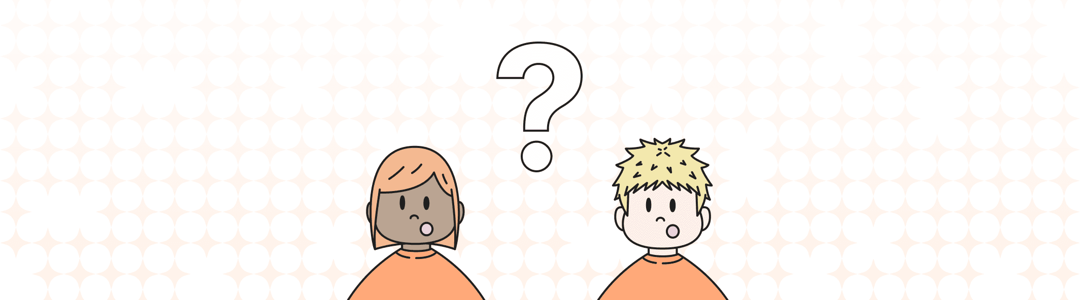 A line illustration of two people with their mouth open, and a giant question mark between them.