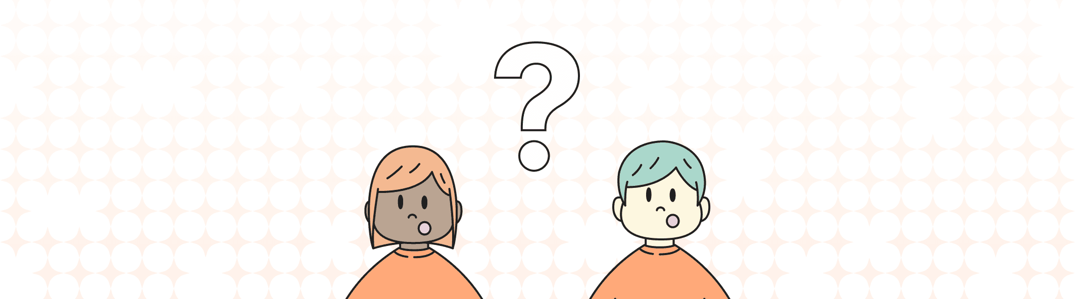 A line illustration of two people with their mouth open, and a giant question mark between them.