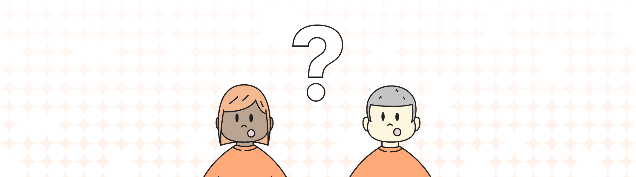 A line illustration of two people with their mouth open, and a giant question mark between them.