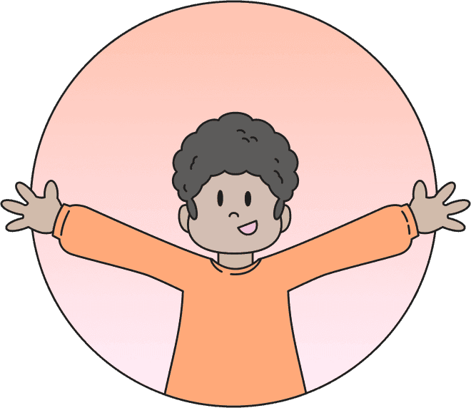 A line illustration of a person, spreading their arms wide with a smile on their face