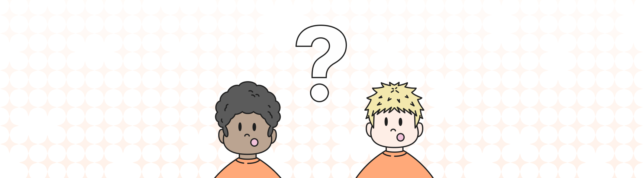 A line illustration of two people with their mouth open, and a giant question mark between them.