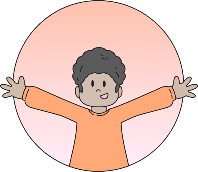 A line illustration of a person, spreding their arms wide with a smile on their face